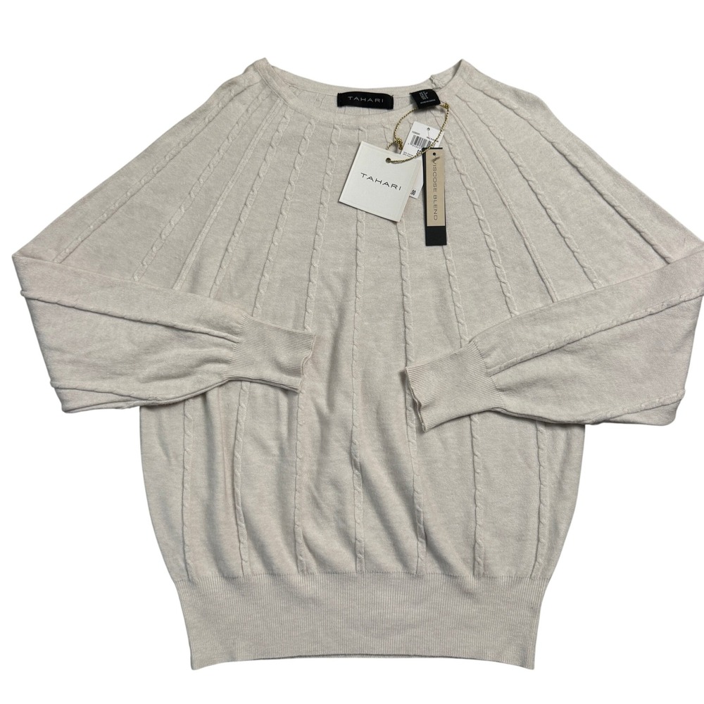 Tahari NWT Women's Pale Platinum Viscose Blend Cable Knit‎ Sweater Size Small